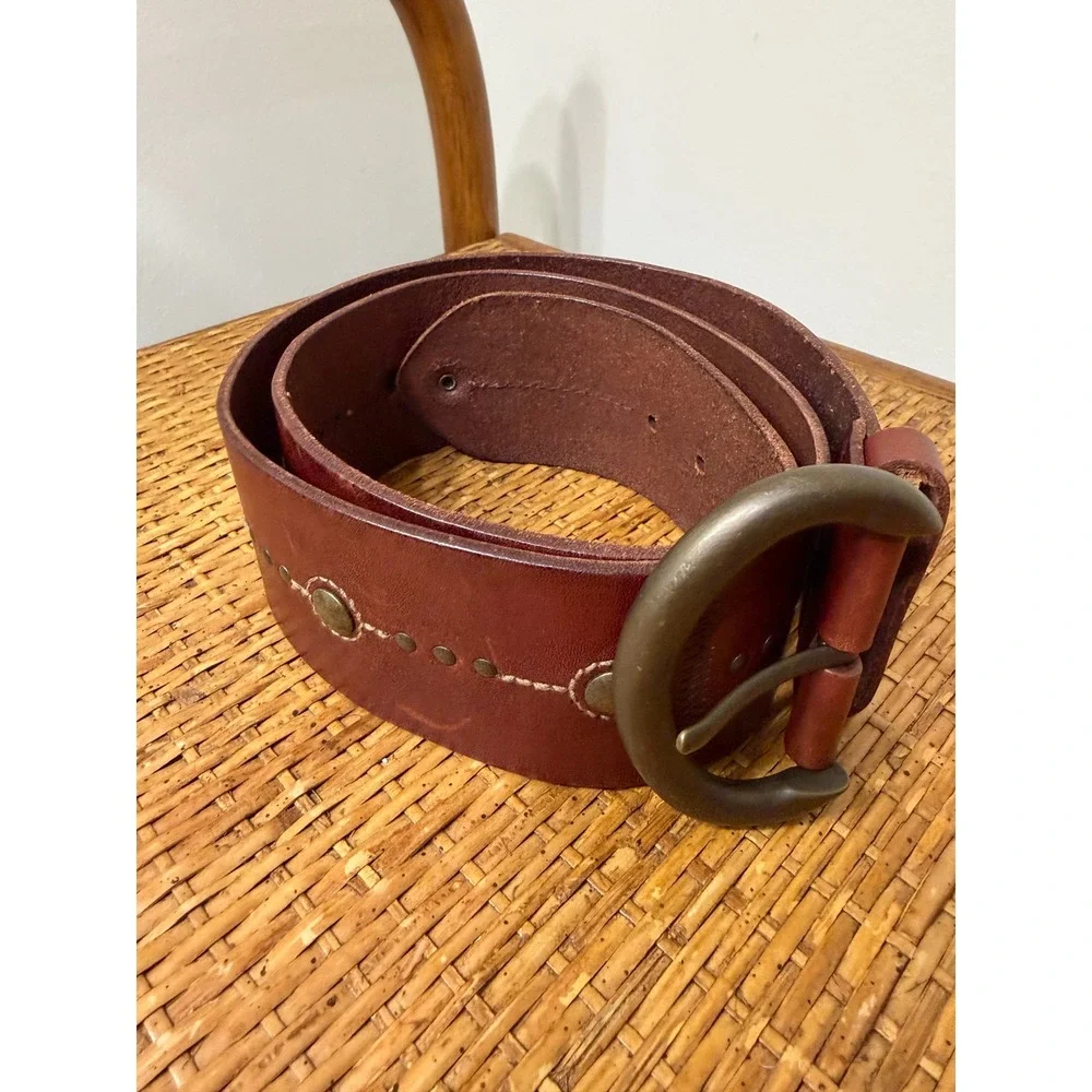Fossil Wide Leather Belt Brown Studded Brass Horseshoe Ring Buckle Boho Western